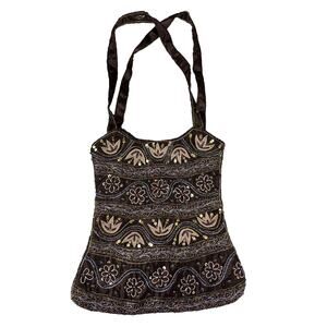 K&K VTG Table Tops Chocolate Brown Satin Floral Embroidered Sequin Shoulder Bag